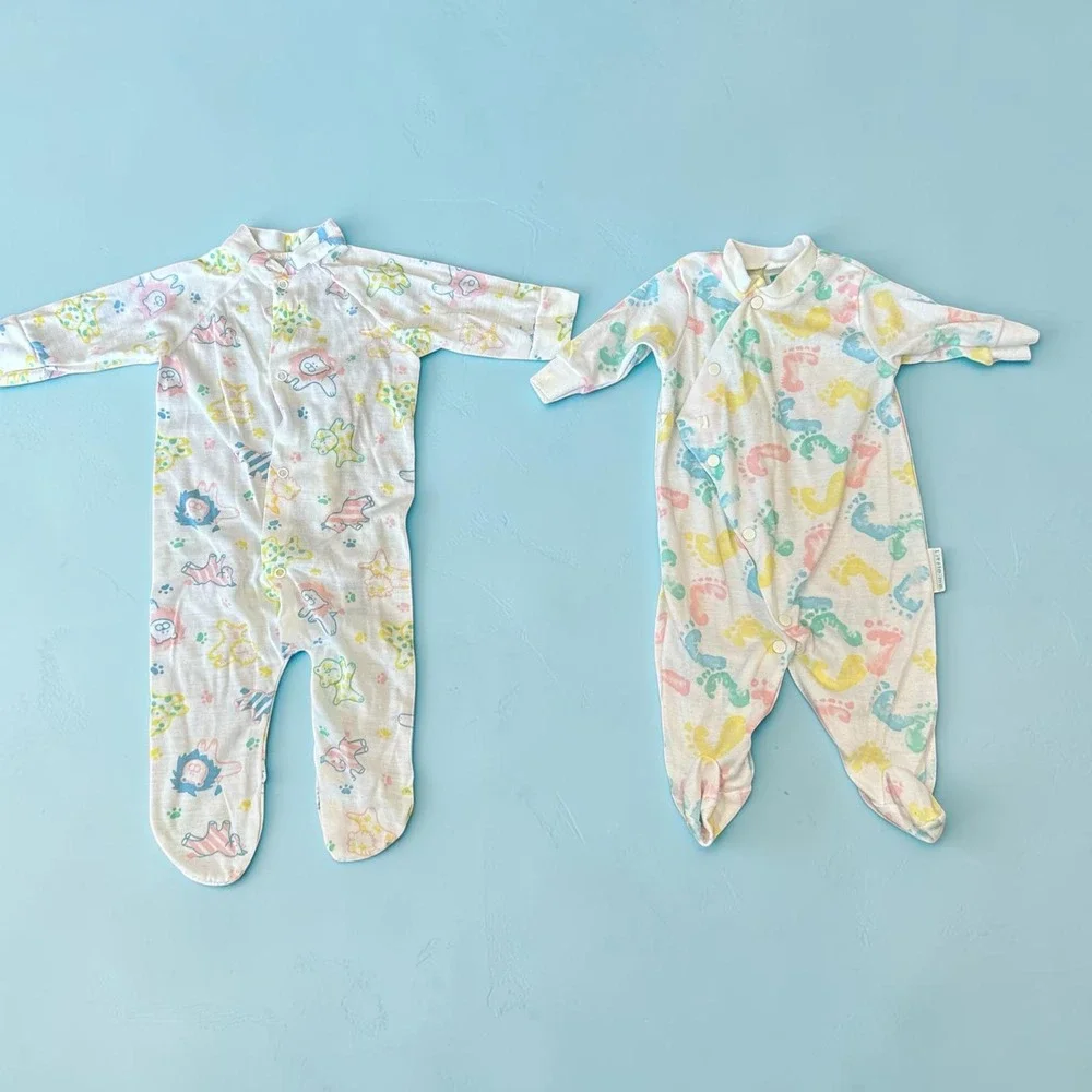 Vintage Little Me Baby Footie Sleeper Set Pastel Animal Footprint White 2PK 0-3M